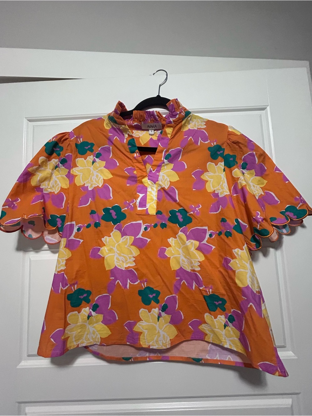 Women’s Orange Floral Ruffle V-Neck Blouse
